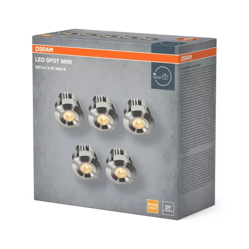 5 db-os LED mennyezeti lámpa szett, süllyesztett spotlámpa, hermetikus, IP44, fürdőszoba, kerek, 6W, 480lm, 3000K, meleg, IP44, szatén nikkel, mini Osram