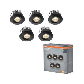   5 db-os LED spot mennyezeti lámpa szett, süllyesztett, hermetikus, IP44, fürdőszoba, kerek, 6W, 450lm, 3000K, meleg fehér, IP44, fekete, Mini Osram