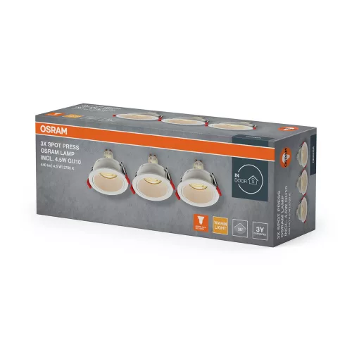 3 db süllyesztett halogén LED mennyezeti spotlámpa, kerek, GU10, 4,5 W, 400 lm, 2700 K, meleg fehér, Osram