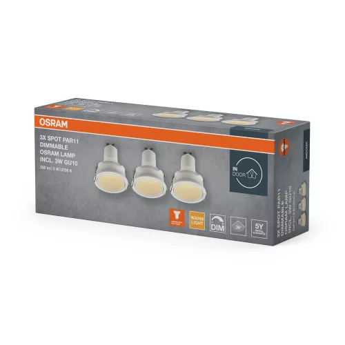 3 db süllyesztett halogén LED mennyezeti lámpa szett, kerek, GU10, 3W, 200lm, 2700K, meleg, szabályozható fehér, Osram