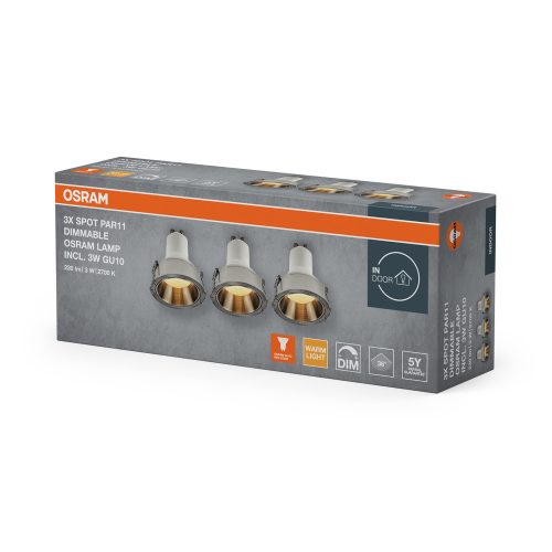 db süllyesztett halogén LED mennyezeti lámpa szett, kerek, GU10, 3W, 200lm, 2700K, meleg, szabályozható, szatén nikkel, Osram