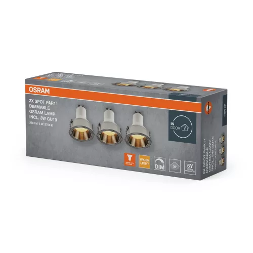 db süllyesztett halogén LED mennyezeti lámpa szett, kerek, GU10, 3W, 200lm, 2700K, meleg, szabályozható, szatén nikkel, Osram