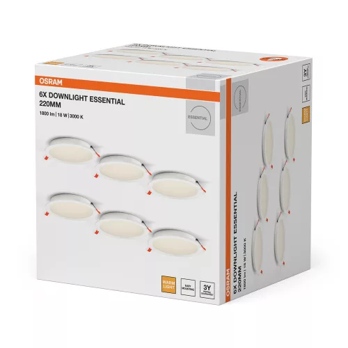 6 db-os süllyesztett halogén LED mennyezeti spotlámpa, kerek, 18 W, 1600 lm, 3000 K, meleg fehér, Osram