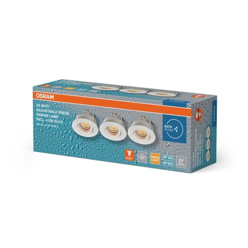 3 db-os LED spot mennyezeti lámpa szett, süllyesztett, hermetikus, IP44, fürdőszoba, kerek, GU10, 4,5 W, 320 lm, 2700 K, meleg fehér, IP65, süllyesztett, Osram