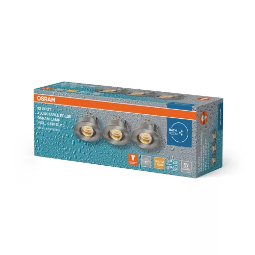 db-os LED mennyezeti lámpa szett, süllyesztett spotlámpa, hermetikus, IP44, fürdőszobai kerek, GU10, 4,5 W, 320 lm, 2700 K, meleg, IP65, szatén nikkel, süllyesztett, Osram