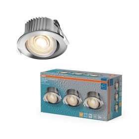   3 db-os LED mennyezeti lámpa szett, süllyesztett spotlámpa, hermetikus, IP44, fürdőszobai, mozgatható, kerek, 4,9 W, 260 lm, 2700 K, meleg, szabályozható, IP44, króm, süllyesztett, Osram