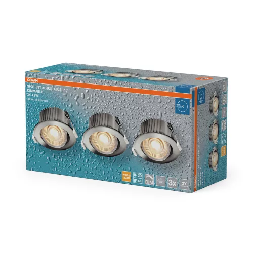 3 db-os LED mennyezeti lámpa szett, süllyesztett spotlámpa, hermetikus, IP44, fürdőszobai, mozgatható, kerek, 4,9 W, 260 lm, 2700 K, meleg, szabályozható, IP44, króm, süllyesztett, Osram