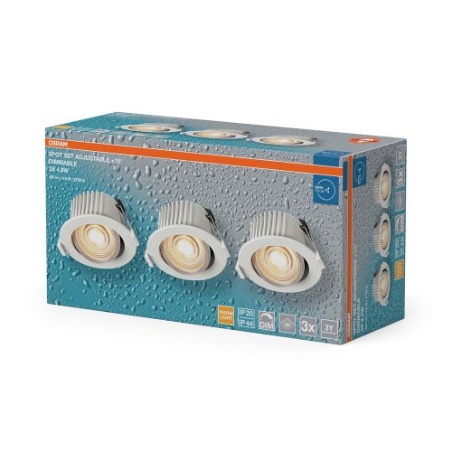 3 db-os LED mennyezeti lámpa szett, süllyesztett spotlámpa, hermetikus, IP44, fürdőszobai, mozgatható, kerek, 4,9 W, 280 lm, 2700 K, meleg, szabályozható, IP44, fehér, süllyesztett, Osram