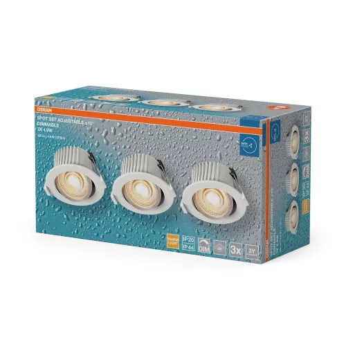 3 db-os LED mennyezeti lámpa szett, süllyesztett spotlámpa, hermetikus, IP44, fürdőszobai, mozgatható, kerek, 4,9 W, 280 lm, 2700 K, meleg, szabályozható, IP44, fehér, süllyesztett, Osram