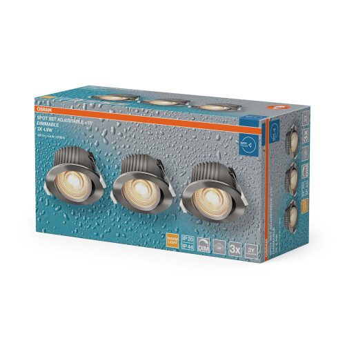 3 db-os LED mennyezeti lámpa szett, süllyesztett spotlámpa, hermetikus, IP44, fürdőszobai, mozgatható, kerek, 4,9 W, 260 lm, 2700 K, meleg, szabályozható, IP44, szatén nikkel, süllyesztett, Osram