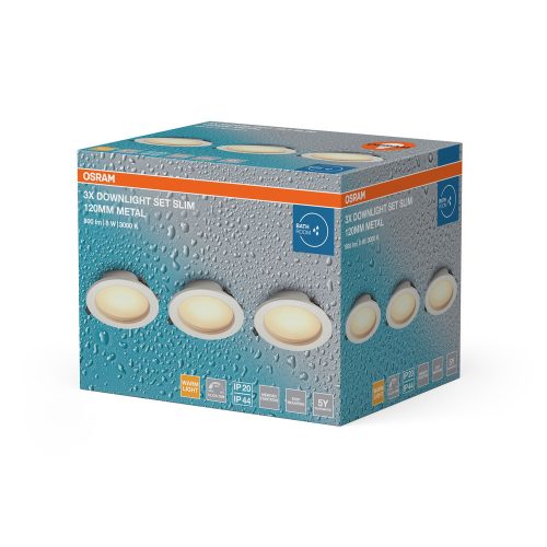 3 db-os süllyesztett mennyezeti LED spotlámpa, hermetikus, IP44, fürdőszobai kerek, 8W, 550lm, 3000K, meleg fehér, IP44, Osram