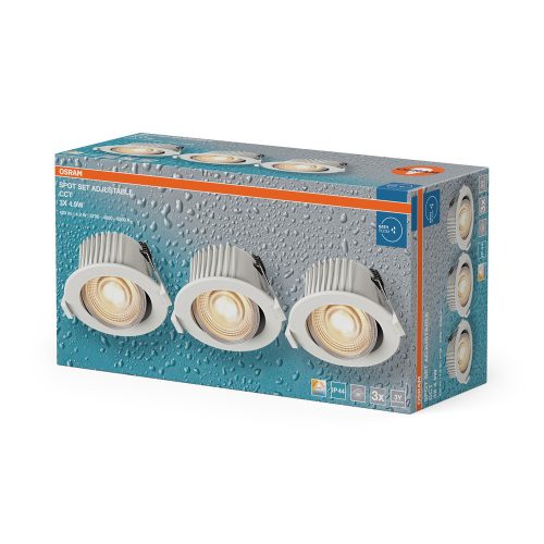 3 db-os LED mennyezeti lámpa szett, süllyesztett spotlámpa, hermetikus, IP44, fürdőszoba, mozgatható, kerek, 4,9 W, 290 lm, 2700/4000/6500K CCT, IP44, fehér, süllyesztett, Osram