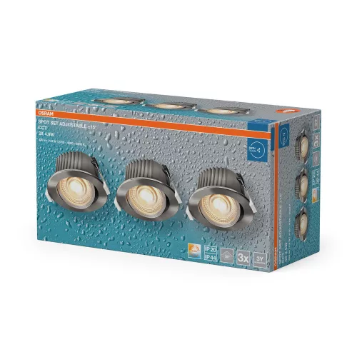 3 db-os LED mennyezeti lámpa szett, süllyesztett spotlámpa, hermetikus, IP44, fürdőszoba, mozgatható, kerek, 4,9 W, 270 lm, 2700/4000/6500K CCT, IP44, szatén nikkel, süllyesztett, Osram
