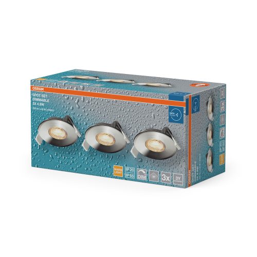 3 db-os LED mennyezeti lámpa szett, süllyesztett spotlámpa, hermetikus, IP44, fürdőszoba, kerek, 4,9 W, 270 lm, 2700 K, meleg fehér, szabályozható fényerősséggel, IP65, króm, süllyesztett, Osram