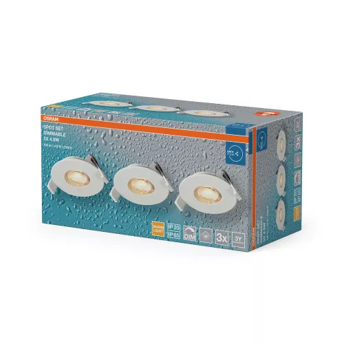 3 db-os LED mennyezeti lámpa szett, süllyesztett spotlámpa, hermetikus, IP44, fürdőszoba, kerek, 4,9 W, 280 lm, 2700 K, meleg, szabályozható, IP65, fehér, süllyesztett, Osram