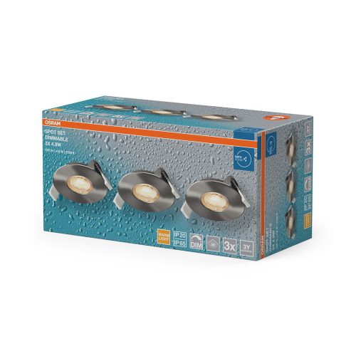 3 db-os LED mennyezeti lámpa szett, süllyesztett spotlámpa, hermetikus, IP44, fürdőszoba, kerek, 4,9 W, 270 lm, 2700 K, meleg, szabályozható, IP65, szatén nikkel, süllyesztett, Osram