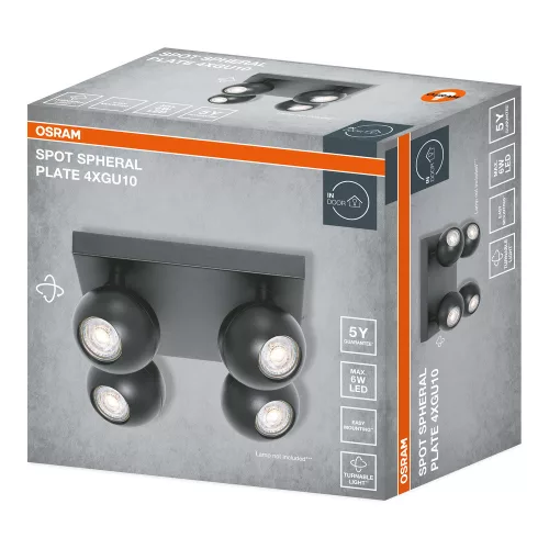 Felületre szerelhető állítható mennyezeti spot reflektor 4x GU10 fekete SPHERAL Osram