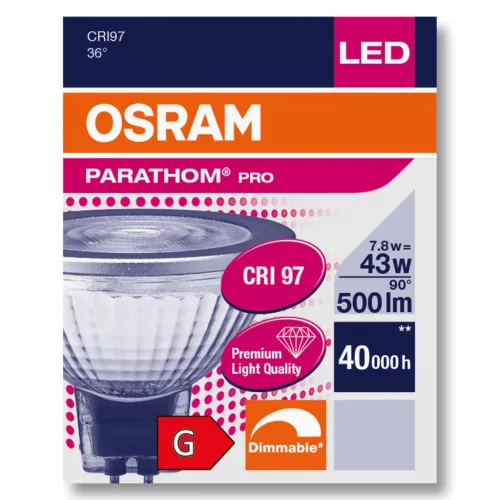 LED izzó GU5.3 MR16 7.8W = 43W 500lm 4000K Semleges 36° CRI97 12V DIMMÁLHATÓ OSRAM Parathom