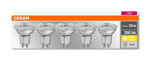 5PAK GU10 LED izzó 4.3W = 50W 350lm 2700K meleg 36° OSRAM alap