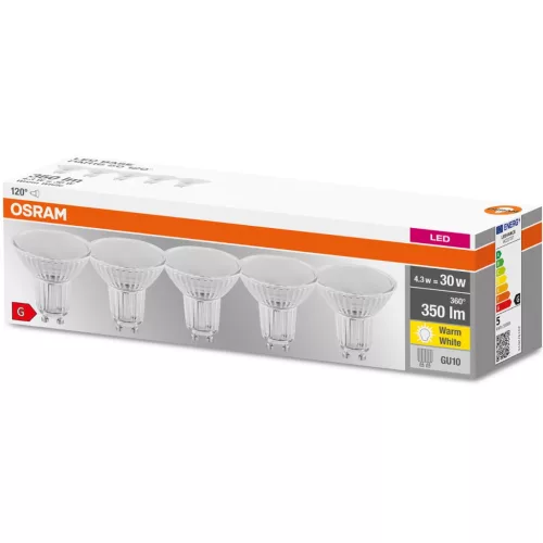 5PAK GU10 LED izzó 4.3W = 50W 350lm 2700K meleg 120° OSRAM alap