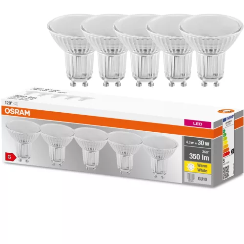 5PAK GU10 LED izzó 4.3W = 50W 350lm 2700K meleg 120° OSRAM alap