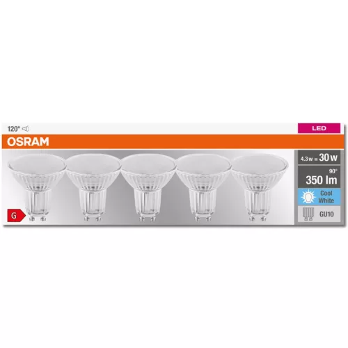 5PAK GU10 LED izzó 4.3W = 30W 350lm 4000K semleges 120° OSRAM alap