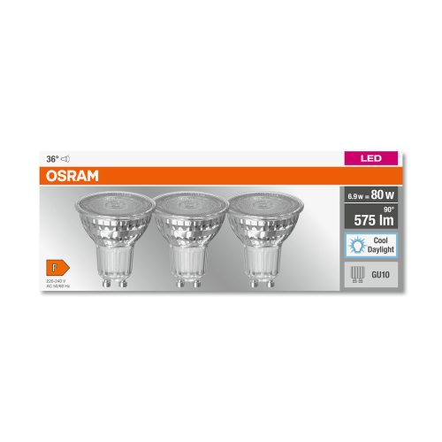 3x LED izzó PAR16 spotlámpa GU10 6.9W = 80W 575lm 6500K Hideg 36°-os foglalat Osram