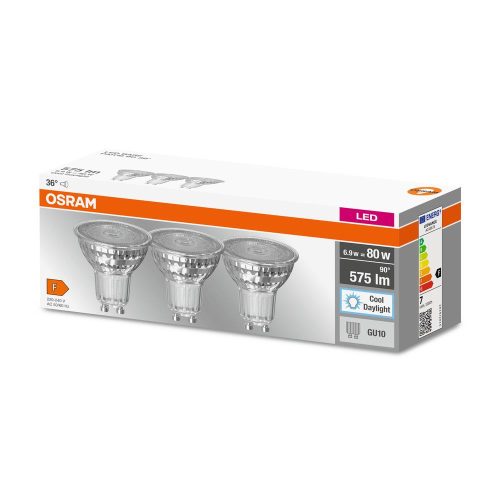 3x LED izzó PAR16 spotlámpa GU10 6.9W = 80W 575lm 6500K Hideg 36°-os foglalat Osram