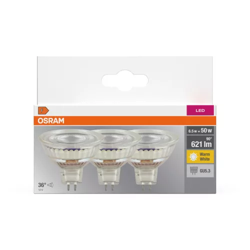 3x LED izzó MR16 reflektor GU5.3 6.5W = 50W 621lm 2700K meleg fehér 12V 36°-os foglalat Osram