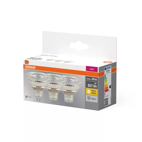 3x LED izzó MR16 reflektor GU5.3 6.5W = 50W 621lm 2700K meleg fehér 12V 36°-os foglalat Osram