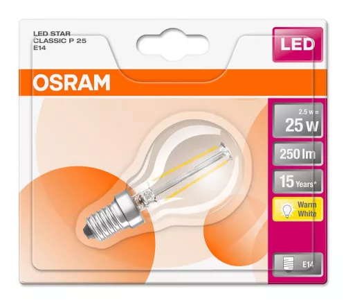 LED izzó P45 gömb alakú E14 2,5W = 25W 250lm 2700K Meleg 300° Retrofit Filament CLASSIC Osram