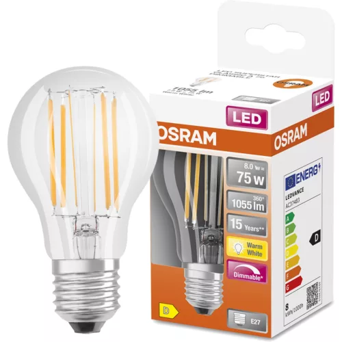 E27 A75 LED izzó 8W = 75W 1055lm 2700K 320° OSRAM STAR DIM izzószál