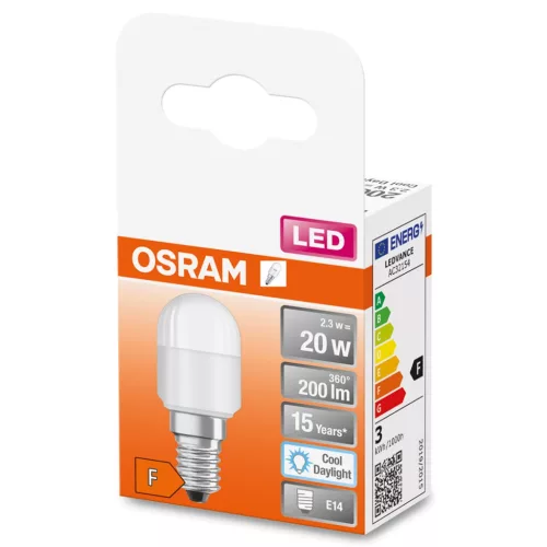 LED izzó E14 T26 2.3W = 20W 200lm 6500K Hideg 160° OSRAM STAR