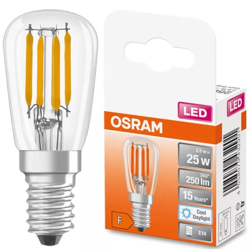 LED izzó E14 T26 2.8W = 25W 250lm 6500K Hideg 320° OSRAM STAR izzószál
