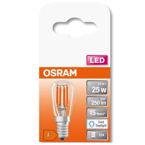 LED izzó E14 T26 2.8W = 25W 250lm 6500K Hideg 320° OSRAM STAR izzószál