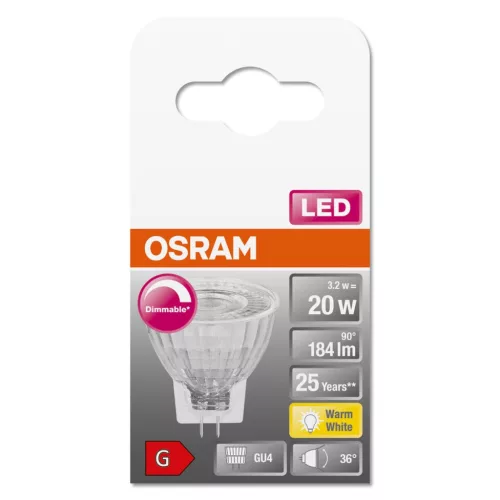 GU4 MR11 LED izzó 3.2W = 20W 184lm 2700K  36° 12V CRI90 szabályozható OSRAM SUPER STAR