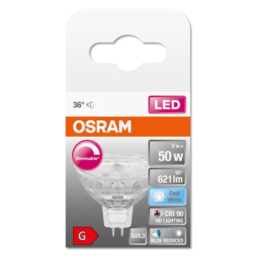 GU5.3 MR16 LED izzó 8W = 50W 670lm 4000K Semleges 36° CRI90 12V OSRAM SUPERSTAR+ szabályozható