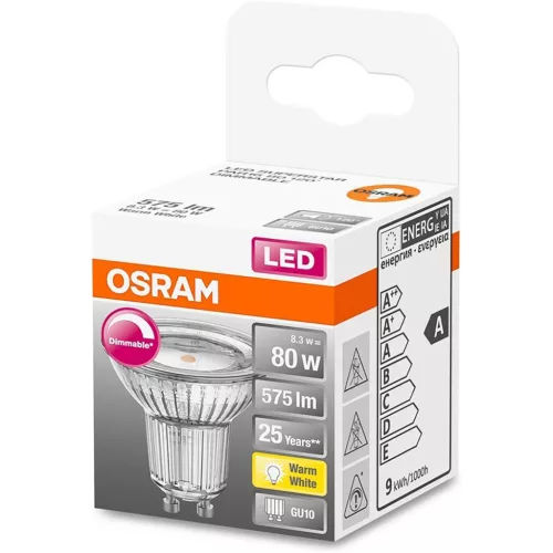 GU10 LED izzó 8.3W = 80W 575lm 2700K 120°-ban szabályozható OSRAM SUPER STAR