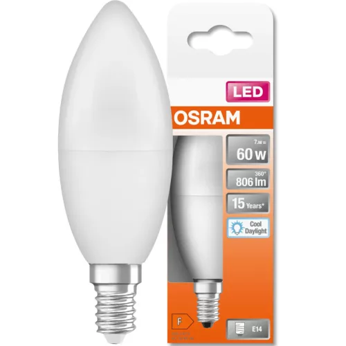 LED izzó E14 B35 7W = 60W 806lm 6500K Hideg 200° OSRAM STAR