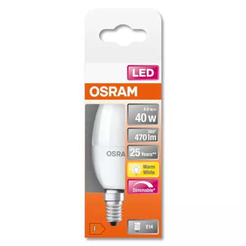 E14 B35 LED izzó 4,9W = 40W 470lm 2700K 280° OSRAM szabályozható