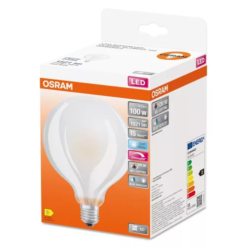 LED izzó G95 gömb alakú E27 11W = 100W 1521lm 4000K Semleges CRI90 300° Izzószálas, szabályozható fényerővel SUPERSTAR PLUS CLASSIC Osram