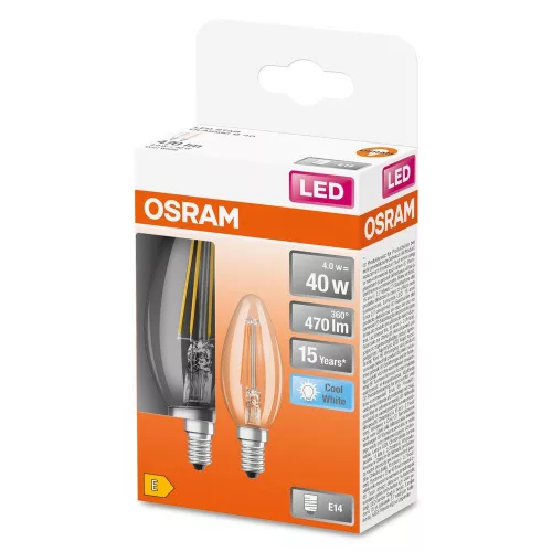 2x LED izzó B35 gyertya E14 4W = 40W 470lm 4000K semleges 300° Retrofit Filament CLASSIC Osram