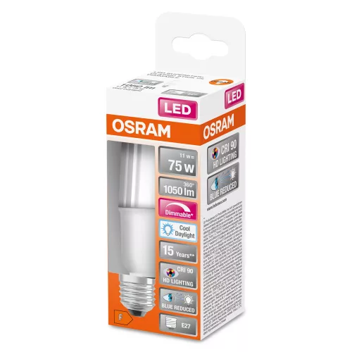 E27 LED izzó 11W = 75W 1050lm 6500K Hideg 200° CRI90 OSRAM SUPERSTAR+ STICK szabályozható