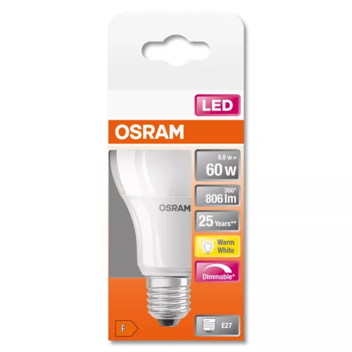 E27 A60 LED izzó 8.8W = 60W 806lm 2700K  220° OSRAM SUPERSTAR szabályozható