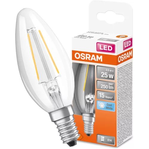 LED izzó E14 B35 CL 2.5W = 25W 250lm 4000K Semleges 300° OSRAM STAR izzószál