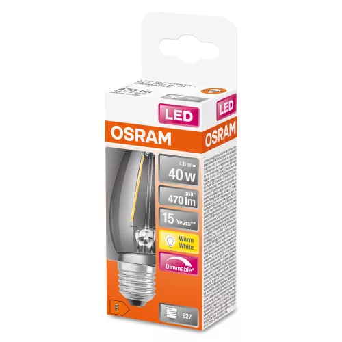 LED izzó E27 B35 CL 4.8W = 40W 470lm 2700K 300° OSRAM SUPERSTAR izzószál szabályozható