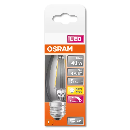 LED izzó E27 B35 CL 4.8W = 40W 470lm 2700K 300° OSRAM SUPERSTAR izzószál szabályozható
