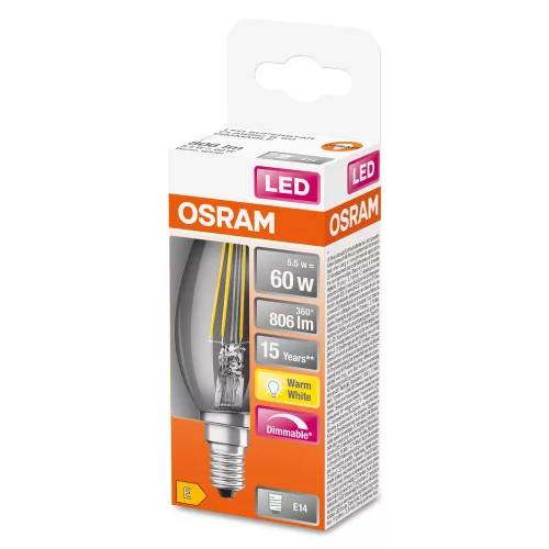 LED izzó E14 B35 CL 5.5W = 60W 806lm 2700K Meleg 300° OSRAM SUPERSTAR izzószál szabályozható
