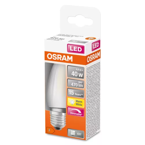 LED izzó E27 B35 4.8W = 40W 470lm 2700K 300° OSRAM SUPERSTAR izzószál szabályozható