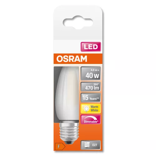 LED izzó E27 B35 4.8W = 40W 470lm 2700K 300° OSRAM SUPERSTAR izzószál szabályozható
